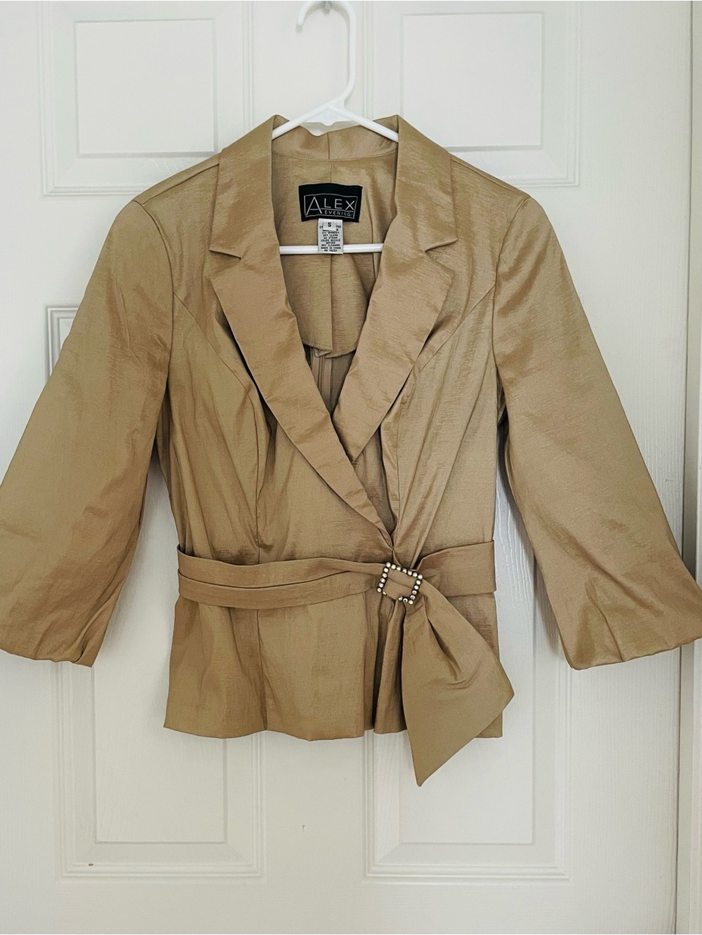 Alex Evenings Tan Satin Wrap Blazer with Jeweled Buckle